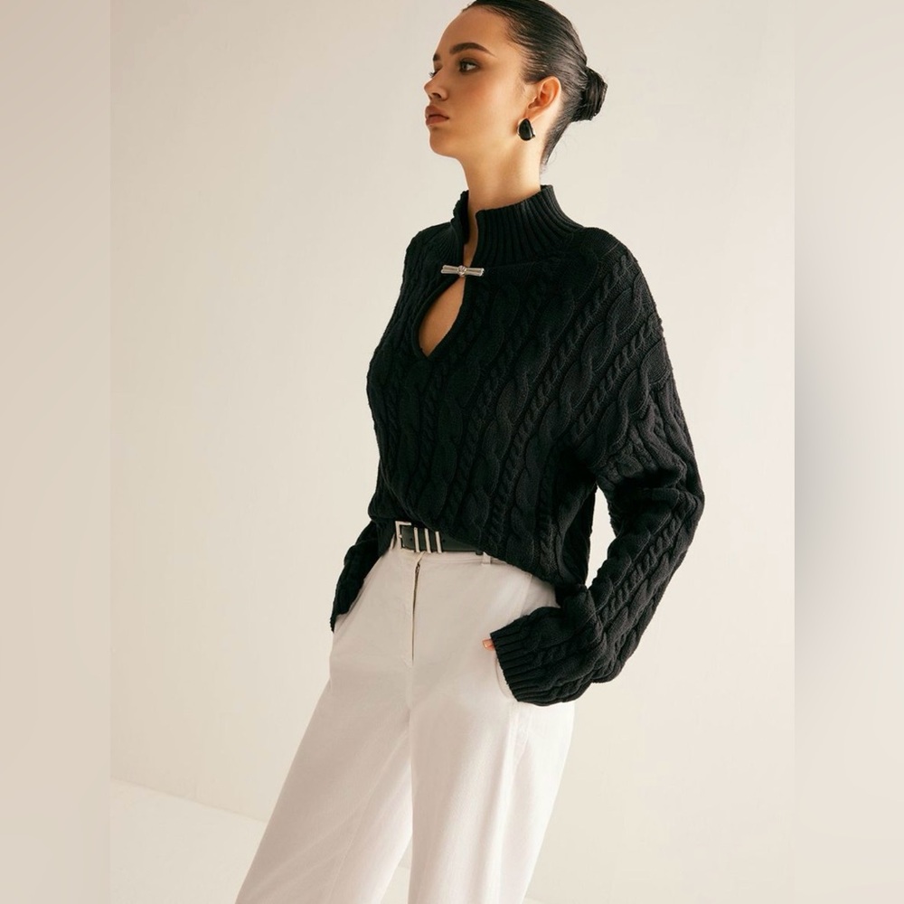 Commense Black Cable Knit Turtleneck Sweater - Picture 6 of 9